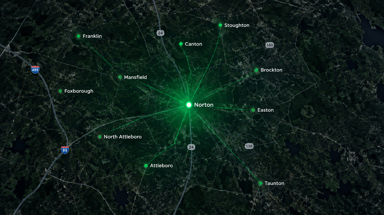 MC Cleaning Service area map — Norton MA headquarters serving Southeastern Massachusetts